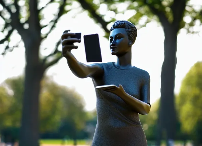 Image similar to photo still of a bronze statue of a woman using an iphone to take a selfie in a park on a bright sunny day, 8 k 8 5 mm f 1 6