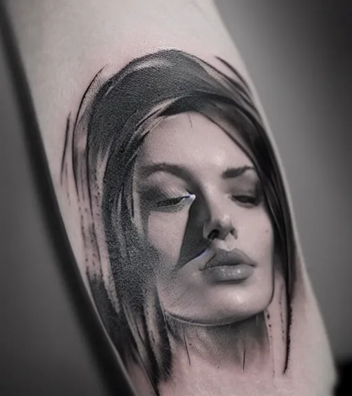 Image similar to tattoo design sketch of an extremely beautiful woman face with a faded background of beautiful mountains on her side, hyper - realistic, double exposure effect, in the style of matteo pasqualin, amazing detail, black and white, faded