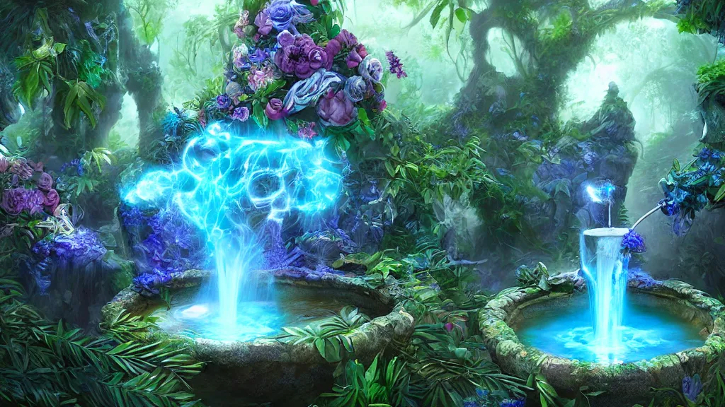 Prompt: immortality fountain, well, in the jungle. bloom, blue lighting. fantasy, digital painting, hd, hyper detailed.