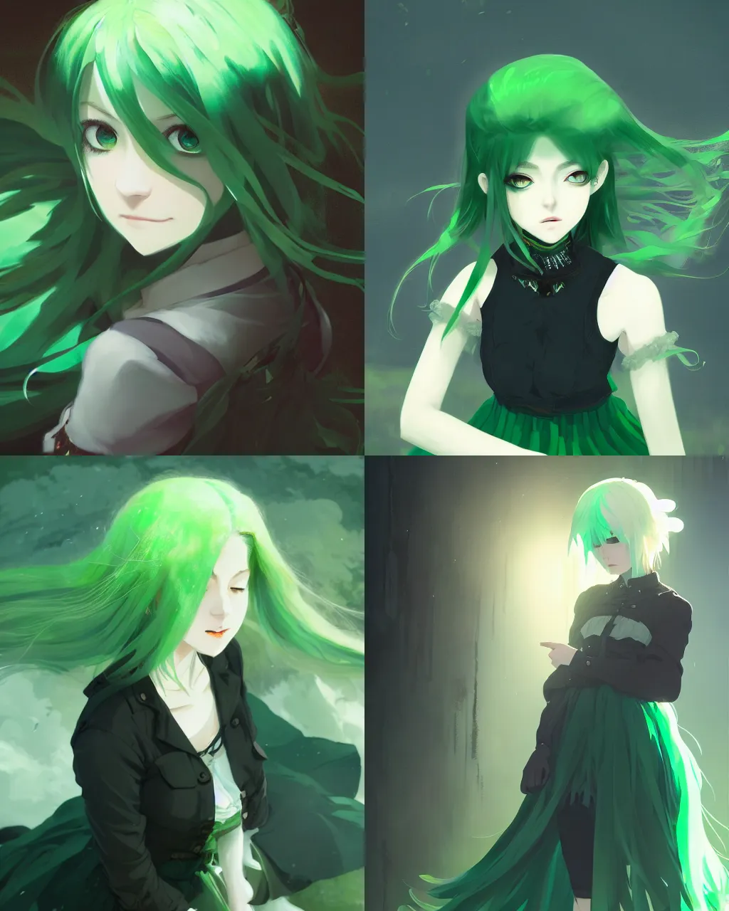 Prompt: girl with green hair and gothic skirt, a beautiful portrait, tone mapped, ambient lighting, art by hidari and makoto shinkai and wenjun lin