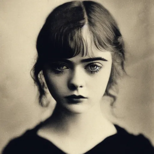 Prompt: headshot edwardian photograph of elle fanning, lily collins, barbara palvin, 1 9 2 0 s film actress, realistic face, 1 9 1 0 s, grainy, victorian, detailed, soft blur