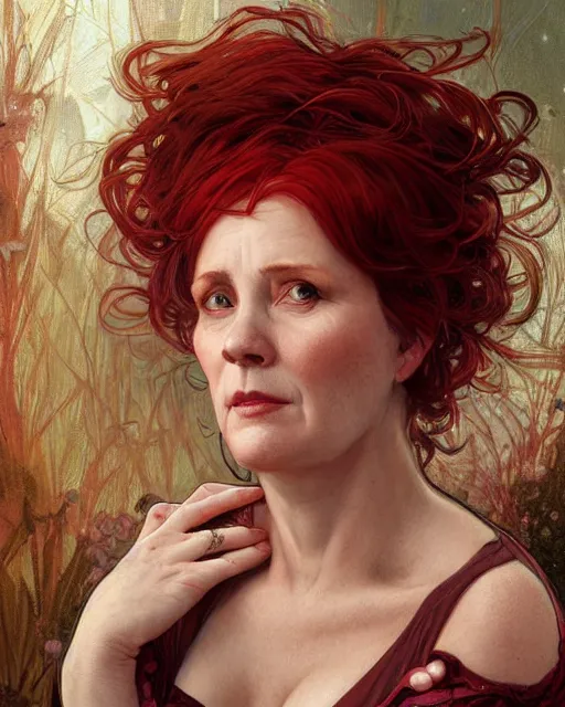 Image similar to portrait of short and plump 5 0 - year - old woman with red hair and a kind face, hyper realistic face, beautiful eyes, close up, fantasy art, in the style of greg rutkowski, intricate, alphonse mucha, hyper detailed, smooth