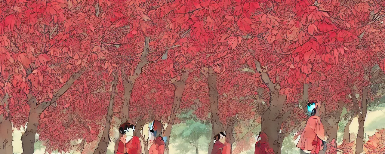 Image similar to an endless canopy of red leaves, illustrated style in the style of studio Ghibli, My neighbor totoro, day