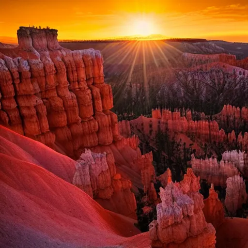 Image similar to sunset light landscape with bryce canyon, lots of sparkling details and sun ray ’ s, blinding backlight, smoke, volumetric lighting, colorful, octane, 3 5 mm, epic colored reflections, very colorful heavenly, softlight