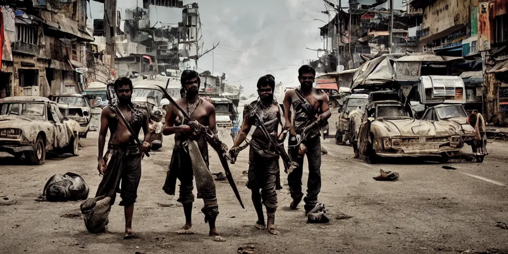 Image similar to sri lankan mad max style, city streets, film still, epic shot cinematography, rule of thirds