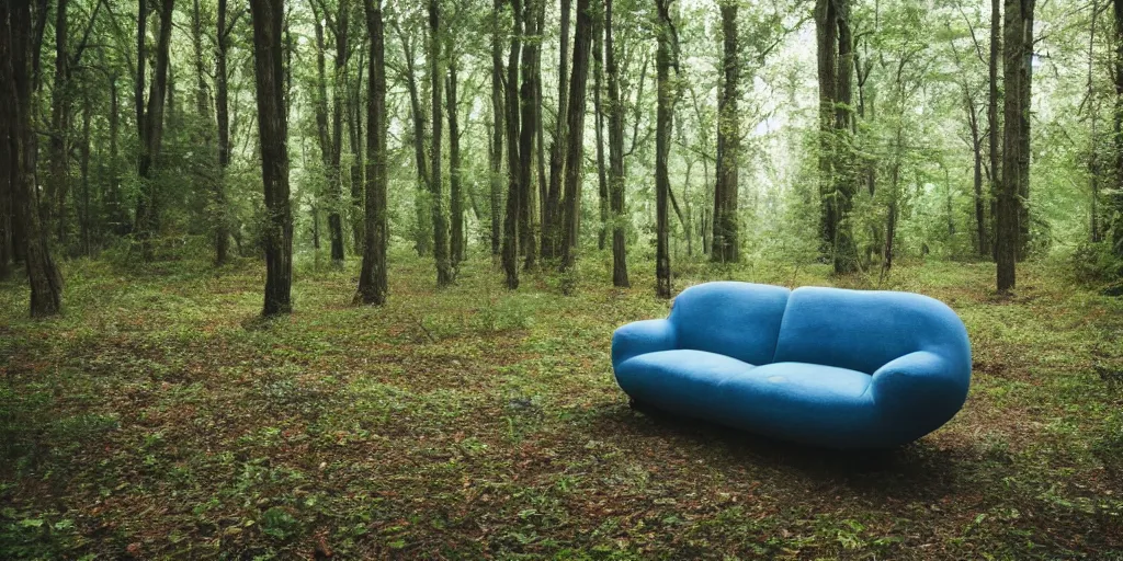 Image similar to a couch in the middle of a forest, beautiful ambient light, 8k photography