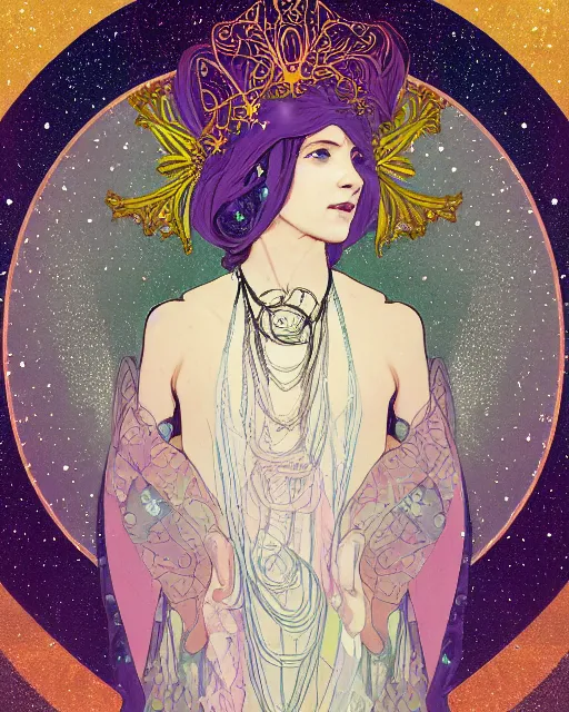 Prompt: a portrait of a universe as an androgynous druid spirit wearing a glowing crown of swirling galaxies colliding, seven necklaces of moons and stars, draped in transparent cloth, flat colors, occult, minimal, swirly, bust by alphonse mucha, decorative art deco border, astrophotography, vast cosmos, digital illustration overlayed on photography, trending on artstation