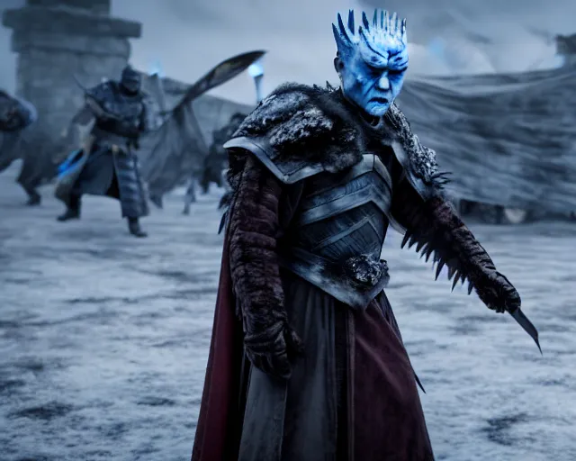 Image similar to justin sun as night king in game of thrones attacked by huge crimson - black bee army, 4 k, epic, cinematic, focus, movie still, fantasy, extreme detail, atmospheric, dark colour, sharp focus