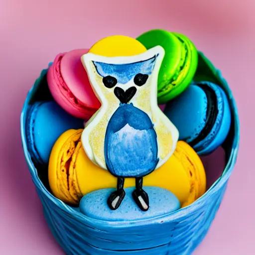 Image similar to A blue jay standing on a large basket of rainbow macarons.