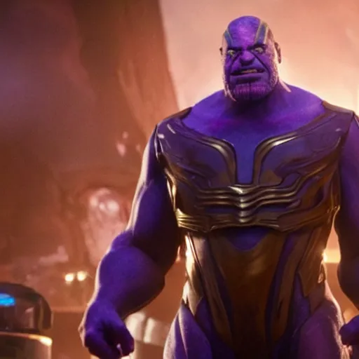 Prompt: Rowan Atkinson as Thanos in Avengers Infinity War