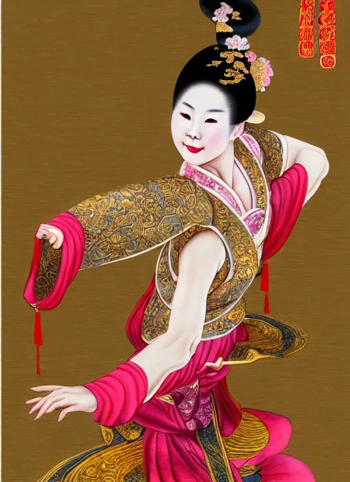 Image similar to full portrait of a chinese dancer doing silk ribbon dance, barefoot, agile, elegant, extremely beautiful, elaborate gold jewelry, hanfu, traditional chinese clothing, ming dynasty, detailed, realistic face, anatomically accurate, fantasy art.