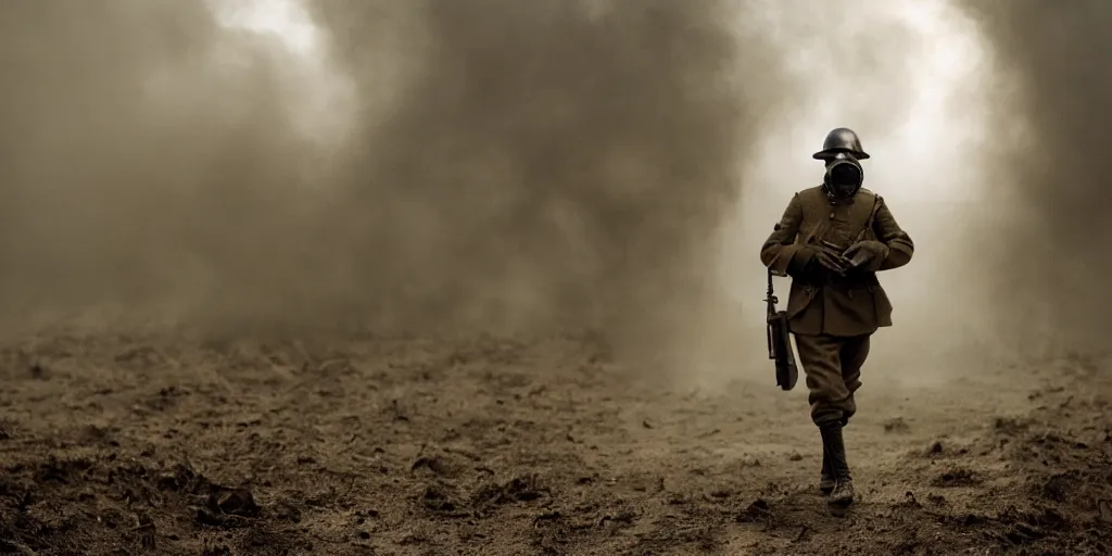 Prompt: wwi soldier wearing a gas mask walking through smoke, centerscreen, 8 5 mm lens, no man's land, muddy, cinematic, atmospheric, shot on arri alexa