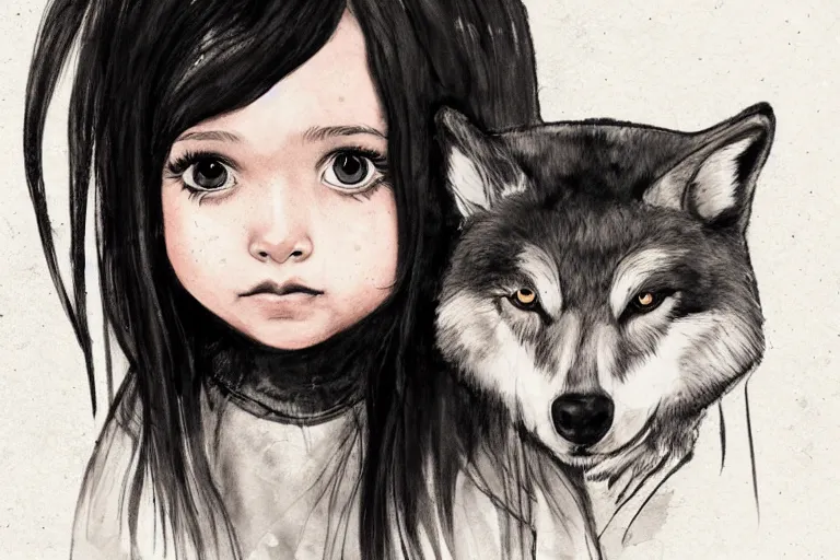 Image similar to portrait of a little girl with a wolf head, dark color scheme, ink, artstation