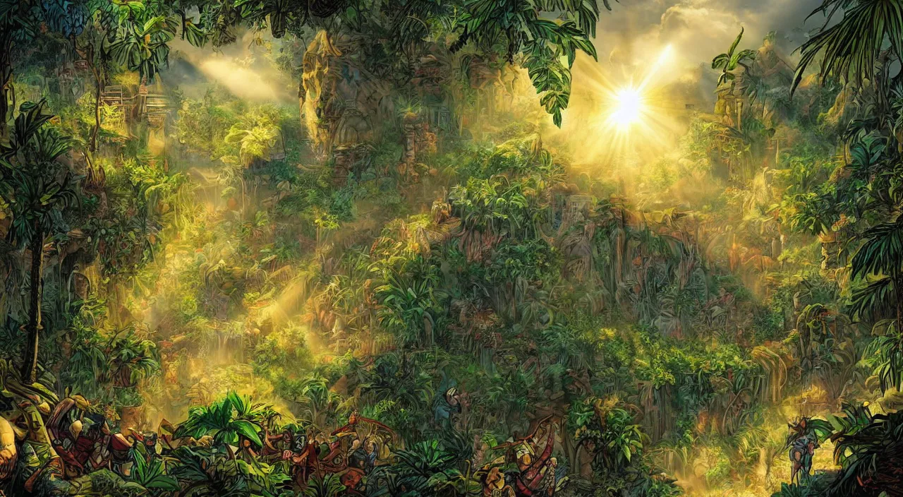 Image similar to zouk fabric jungle dirt wall fortress a spectacular view cinematic rays of sunlight comic book illustration, by john kirby