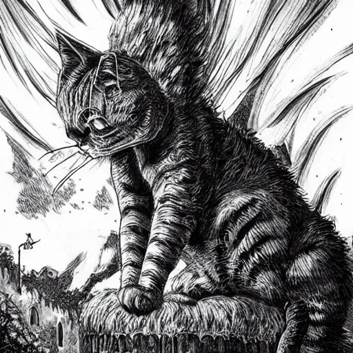 Image similar to a giant cat sitting on top of a victorian castle spire, cat god, style of kentaro miura!!!!, black and white, finely detailed