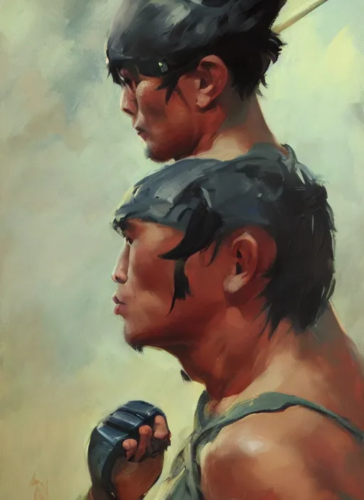 Image similar to greg manchess side portrait of a filipino mma fighter with a scepter sitting on a tank, organic painting, sunny day, matte painting, bold shapes, hard edges, street art, trending on artstation, by huang guangjian, gil elvgren, ruan jia, randy vargas, greg rutkowski