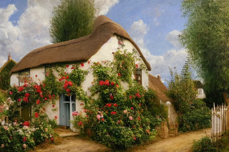 Prompt: A quaint cottage in an English village, merry england, oil on canvas, 4k, detailed, in the style of William Holman Hunt