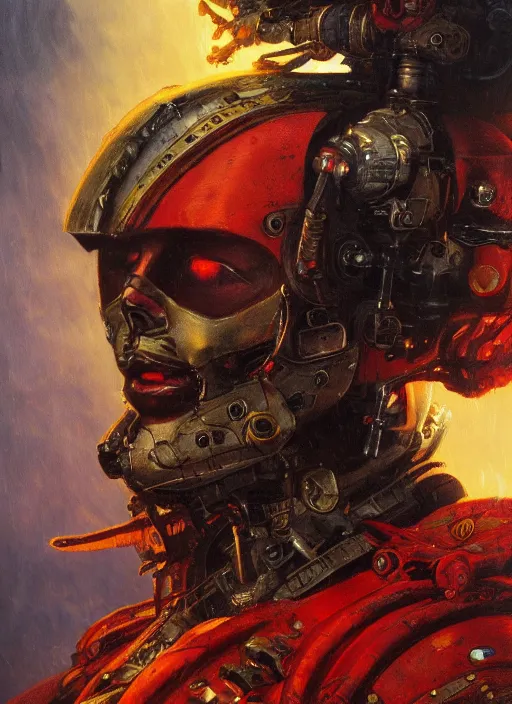 Image similar to ( symmetry ) closeup portrait of a stunning armored cyborg female pirate captain, strong cinematic light, backlight glow, red yellow, viscous smoke, vapour, mist, by gerald brom, by mikhail vrubel, by peter elson, muted colors, extreme detail, trending on artstation, 8 k