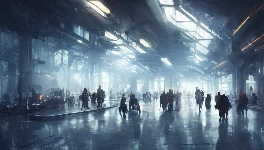 Image similar to lodon metro in year 3 0 2 2 interior, light, shadows, reflections, epic composition, intricate, elegant, volumetric lighting, digital painting, highly detailed, artstation, sharp focus, illustration, concept art, ruan jia, steve mccurry