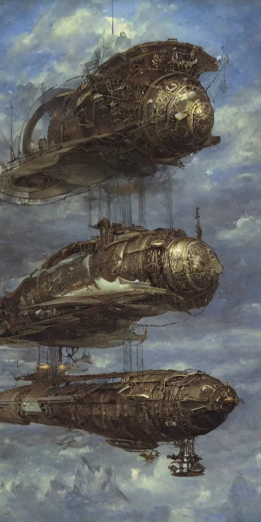 Prompt: giant floating steampunk airship, by Mikhail Vrubel, trending on artstation