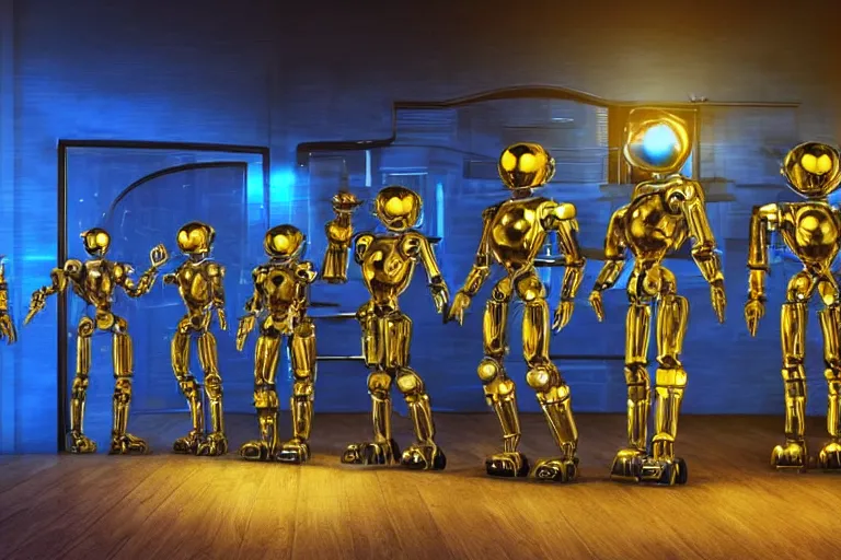 Prompt: a queue of 7 golden and blue metal humanoid steampunk robots in front of an entrance door to a futuristic nightclub, robots are wearing and gears and tubes, eyes are glowing red lightbulbs, shiny crisp finish, 3 d render, 8 k, insaneley detailed, fluorescent colors, nightlight