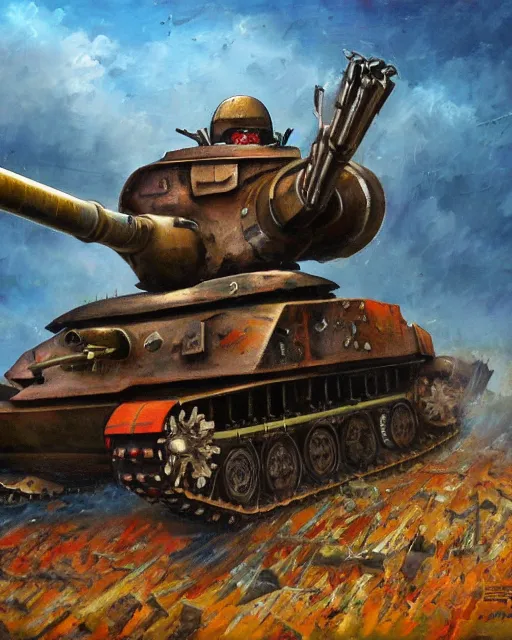 Image similar to ( ( t - 3 4 ) ) mech!!! armed with a 7 5 mm cannon for an arm, giant humanoid figure, oil painting, ( ( ( soviet tank ) ) ), tribal yurta, postapocalyptic, sharp focus