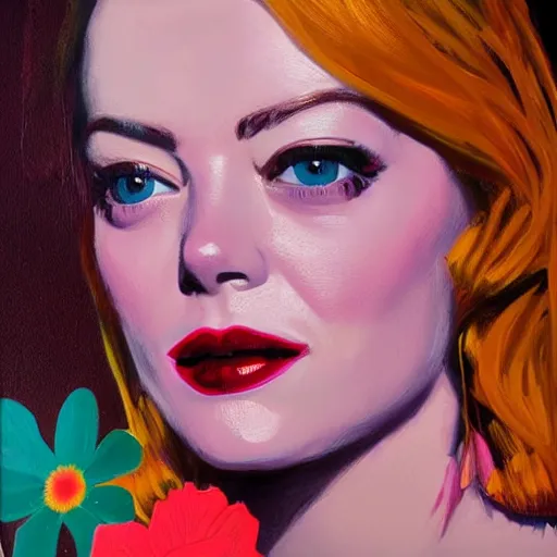 Prompt: detailed oil painting of emma stone in detail with flowers by james jean, by andy warhol