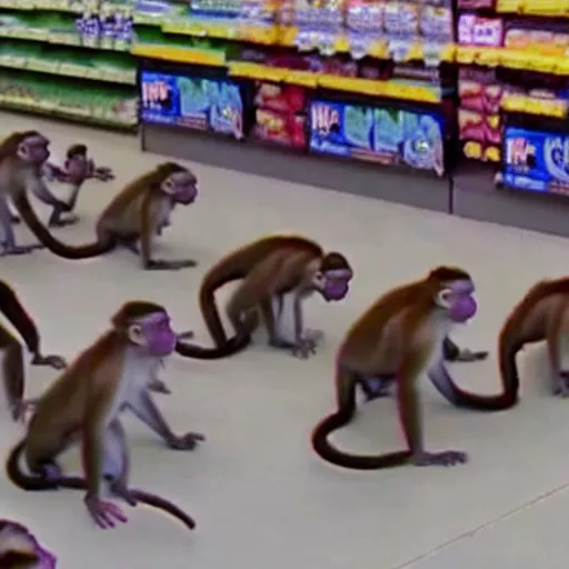 Image similar to cctv footage of a horde of monkeys raiding a walmart