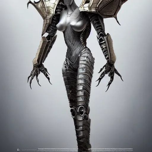 Image similar to stunning cinematic realistic full-body shot, of a beautiful hot anthropomorphic robot female dragon, well designed highly detailed cute female dragon head with slick elegant eyes, a beautiful snout and maw, looking down at the camera with a smirk, well armored, detailed claws, high quality, HD octane render, fantasy, furry art, Artstation, Deviantart, Furaffinity
