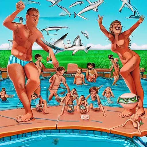 Image similar to sharks in a pool with a family outside during a cook out, in the style of ron english, in the secondary style of matt bors, by david wojnarowicz, shock art, poster art, 8 k concept art, trending on behance