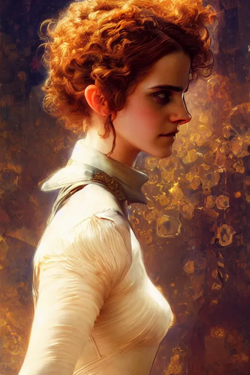 Image similar to emma watson mandelbrot fightsuit gaston bussiere craig mullins j. c. leyendecker curly updo