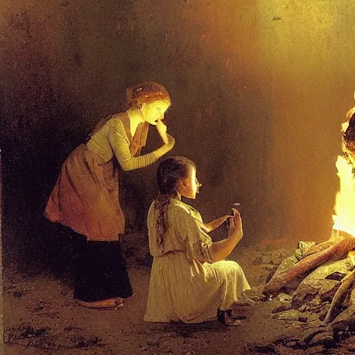 Image similar to girl meeting a flame spirit in a mine, by alfred stevens