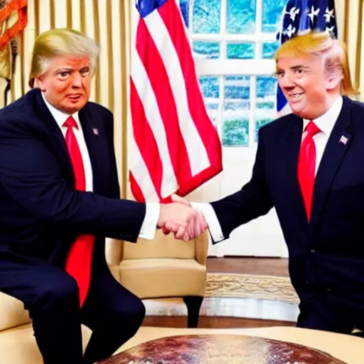 Prompt: mr bean shaking hands with donald trump