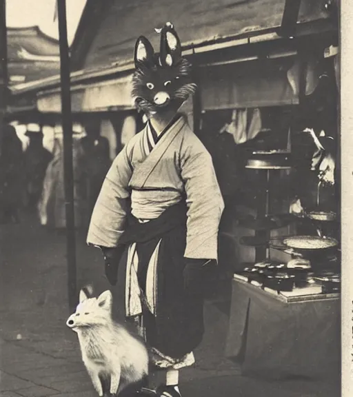 Image similar to 1 8 th century japanese street market in kyoto, 1 9 0 0 s photography, portrait anthro anthropomorphic fox head animal person fursona wearing clothes street trader