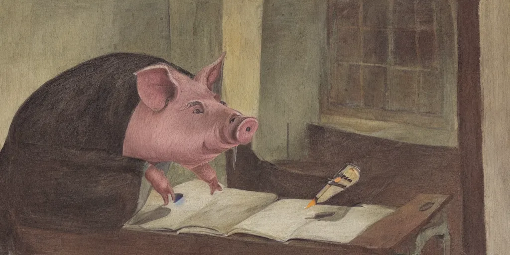 Prompt: detailed painting of a pig writing a novel