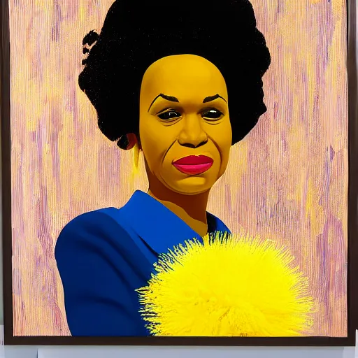 Image similar to african american woman wearing a yellow tutu, portrait artwork by david hockney airbrush and jack vettriano h 6 4 0