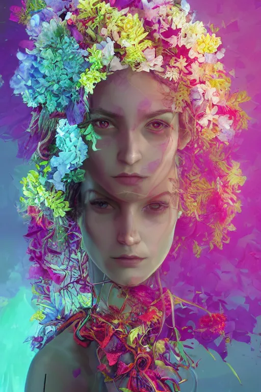 Prompt: a colorful and vibrant and provenance fine art portrait photo of a robot female cyborg, spread out curly hair covered by hibiscus, daffodils, hydrangea, montsera leaves by charlie bowater, holographic undertones, very detailed, bionic, cybernetic scifi, artstation, 8 k