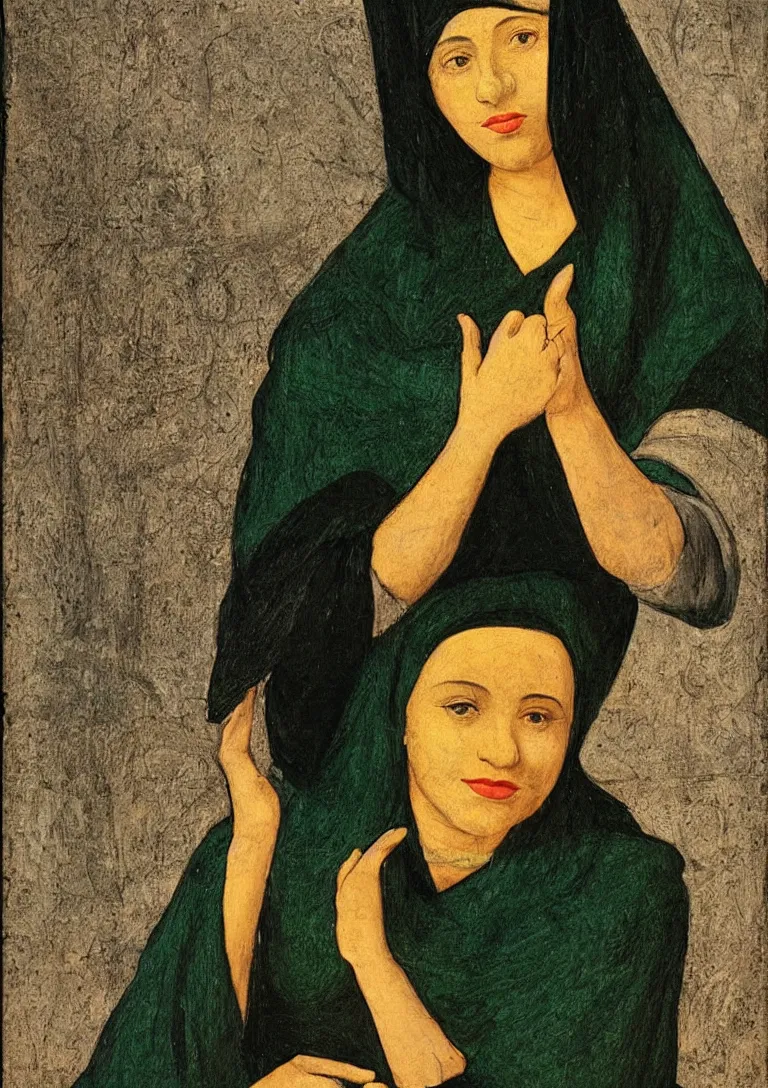 Image similar to a portrait of an arab muslim woman from the fifties, seated in front of a landscape background, her black hair is a long curly, she wears a dark green dress pleated in the front with yellow sleeves, puts her right hand on her left hand, in style of leonardo da vinci