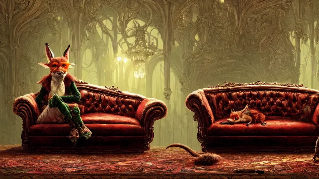 Image similar to a goblin sitting on an ornate victorian couch made out of fox fur, intricate, detailed, volumetric lighting, sharp focus, photorealism, digital painting, highly detailed, concept art, by roger dean and simon stalenhag and mark brooks