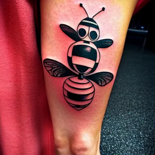 Image similar to detailed tattoos in the style of bee movie on a female leg, crimson - black color scheme, wearing miniskirt, cinematic seductive lighting, beautiful composition