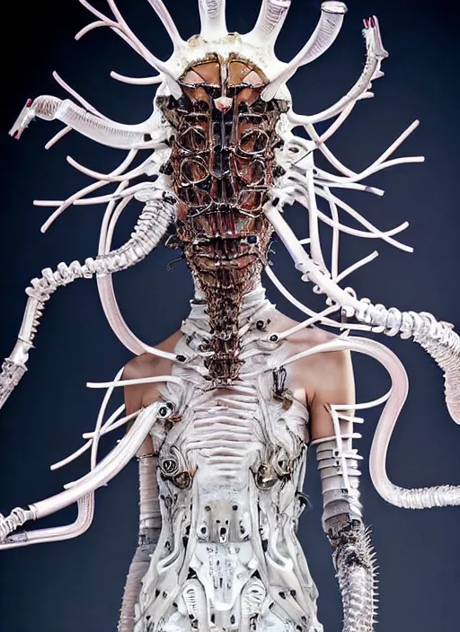 Image similar to walking down the catwalk, stage, vogue photo, podium, fashion show photo, historical baroque dress dark, iris van herpen, helmet on face, masterpiece, intricate, biopunk, vogue, full body shot, alien, plant predator, guyver, wires, tubes, veins, jellyfish, white biomechanical details, wearing epic bionic cyborg implants, highly detailed