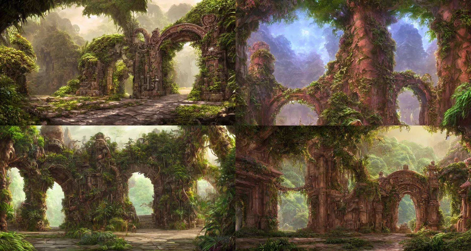 Prompt: a beautiful detailed matte painting of ancient ornamental gate in the jungle, digital art by ghibli and tyler edlin fantasy art, hyper realistic, anime, concept art, futurism, vibrant, detailed, trending on artstation