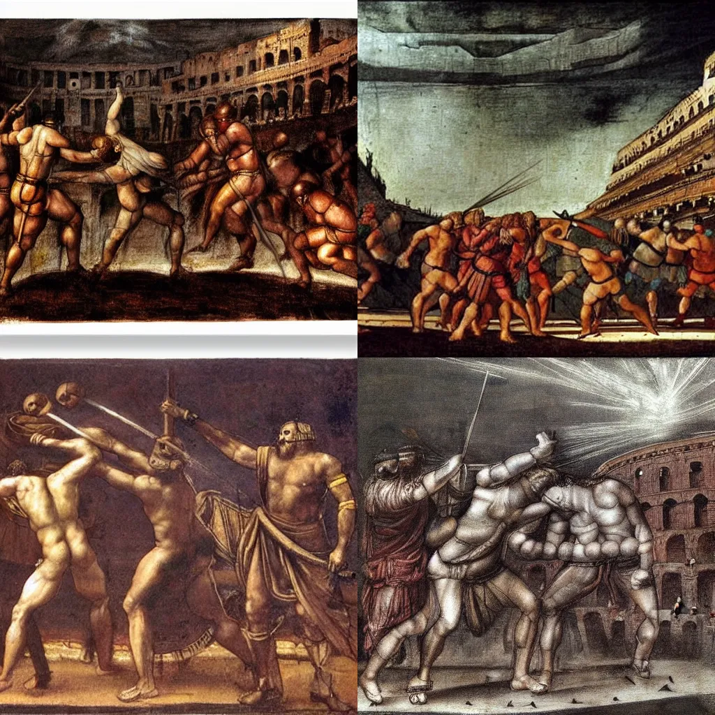 Prompt: gladiator fight in the colosseum of ancient rome, thunderstorm, dark colors, hyperdetailed, realistic!!!, award winning, drawing by leonardo da vinci