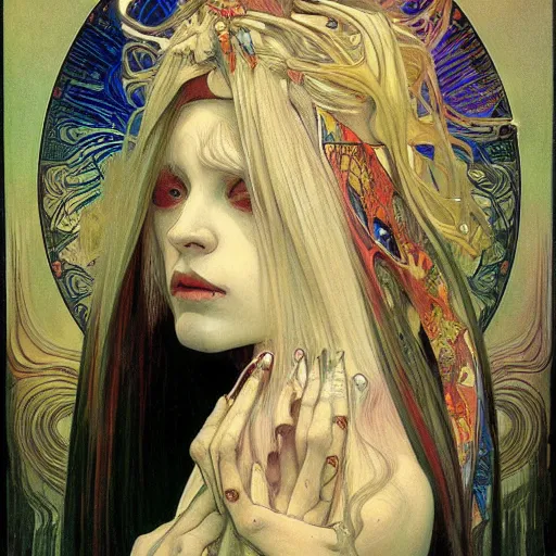 Image similar to portrait of small, rubbery, huge-eyed, big-lipped albino mutant priestess with elaborate white hair by Alphonse Mucha, Beksinski, and Anato Finnstark