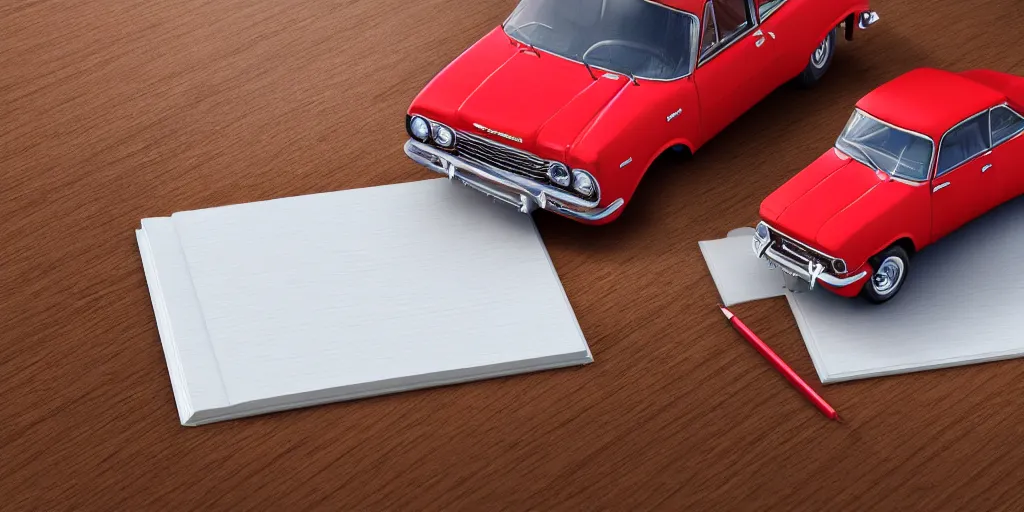 Image similar to a small miniature of a red Chevrolet Opala near a book and a pencil on a wooden table, hyperrealistic, concept art, octane render, unreal engine 5, path tracing, complementary colours, high quality, highly detailed, 4K, symmetrical, low contrast, serene landscape, calm, high coherence