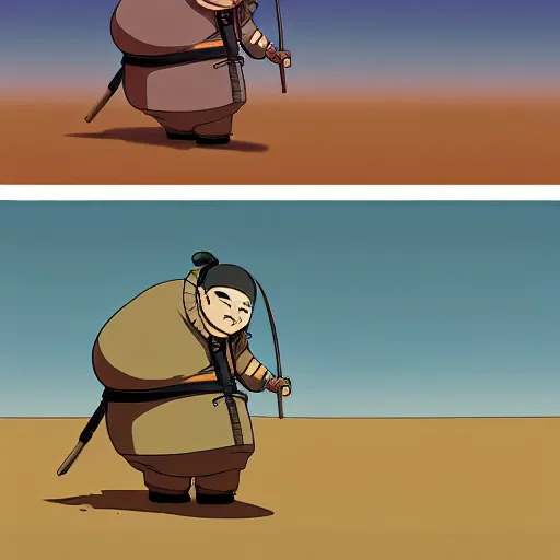 Prompt: a study of cell shaded cartoon of a short fat samurai rolling on a desert road, full body, wide shot, very muted colors, post grunge, studio ghibli, laurie greasley, highly detailed, deviantart, art by artgem