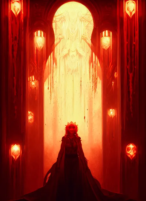 Prompt: portrait of the god of blood and her cultists, intricate, elegant, glowing lights, highly detailed, digital painting, artstation, concept art, smooth, sharp focus, illustration, art by wlop, mars ravelo and greg rutkowski