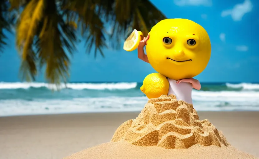 Image similar to 5 0 mm photograph, of a real anthropomorphic lemon character, fit, with lemon skin texture, it is wearing a hat and scuba diving, building a sandcastle on the beach at sunset, beach, huge waves, sun, clouds, tropical trees, rim light, cinematic photography, professional, sand, sandcastle, volumetric lightening