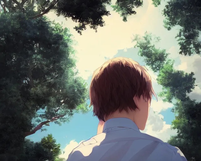 Image similar to teen looking at blue sky, wearing white shirt, back turned, looking up, illustration, by pine ( ハイネ ) and 薯 子 imoko and 香 川 悠 作 and wlop and maya takamura, highly detailed, trending artstation, pixiv, digital art