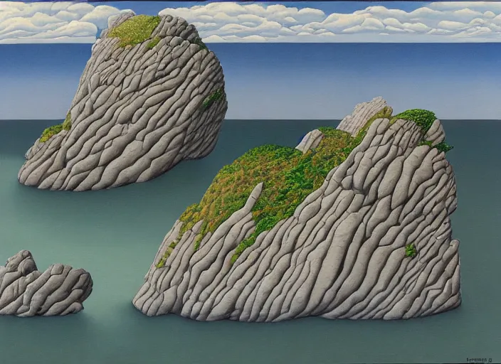 Prompt: rocky cliffs with a cloud lake, painting by mc escher, very detailed, illusion, surreal!!!, trending on artstation, beautiful color art